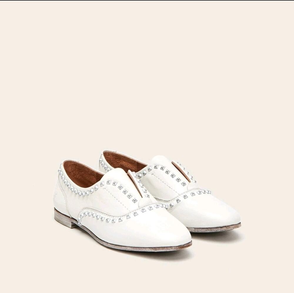 FRYE Women's Terri Deco Stud Slip On Driving Style Loafer White Leather 8.5